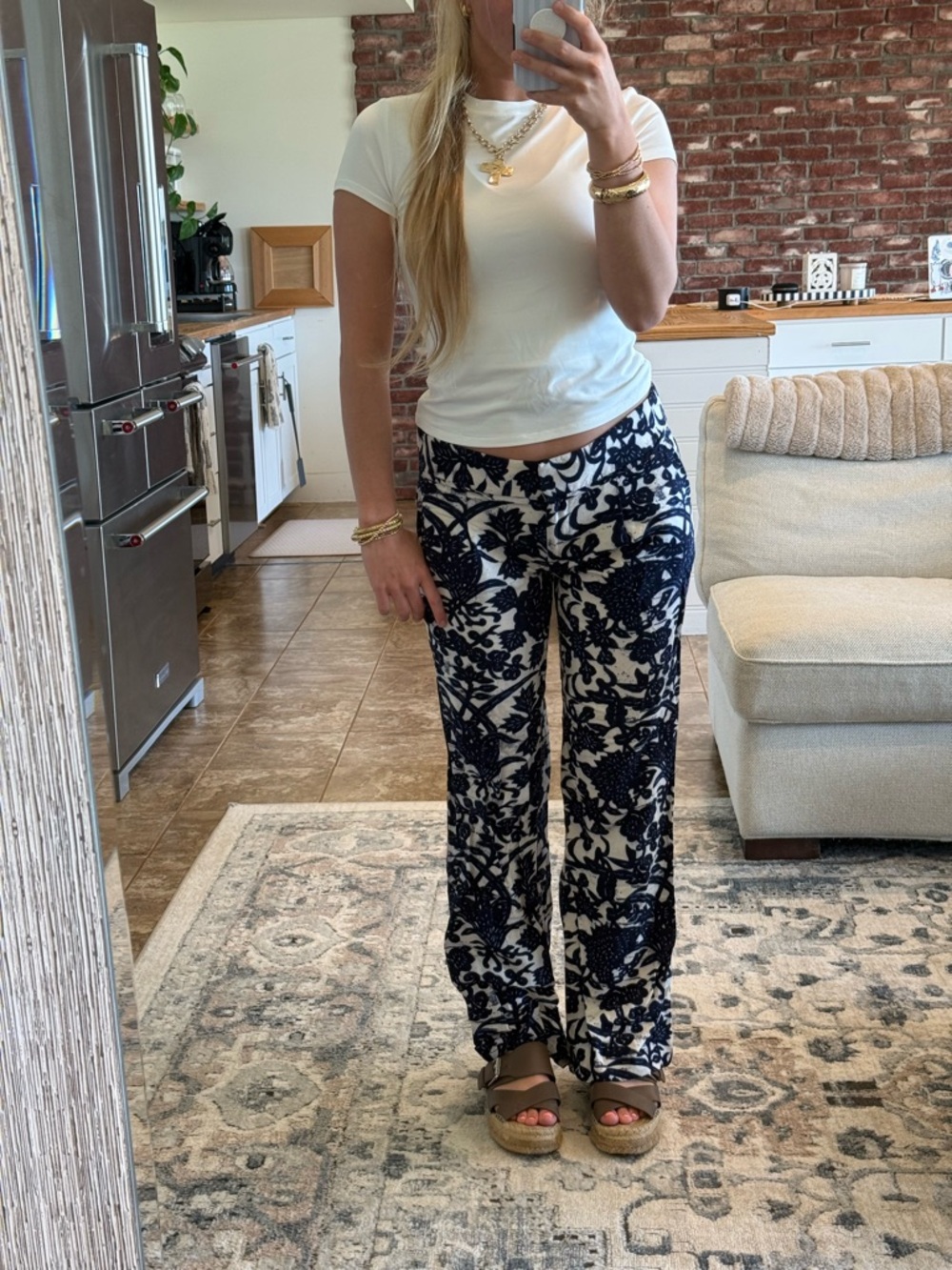LOFT Navy and White Floral-Print Wide Leg Pants